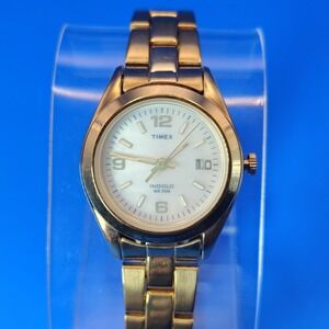 Vintage 2003 Timex Indiglo 24mm Gold Tone Women's Quartz Watch‎ Smoke Crystal